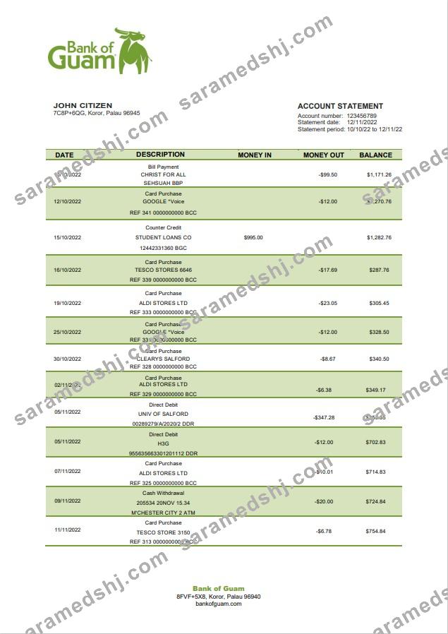 Palau Bank of Guam Bank statement